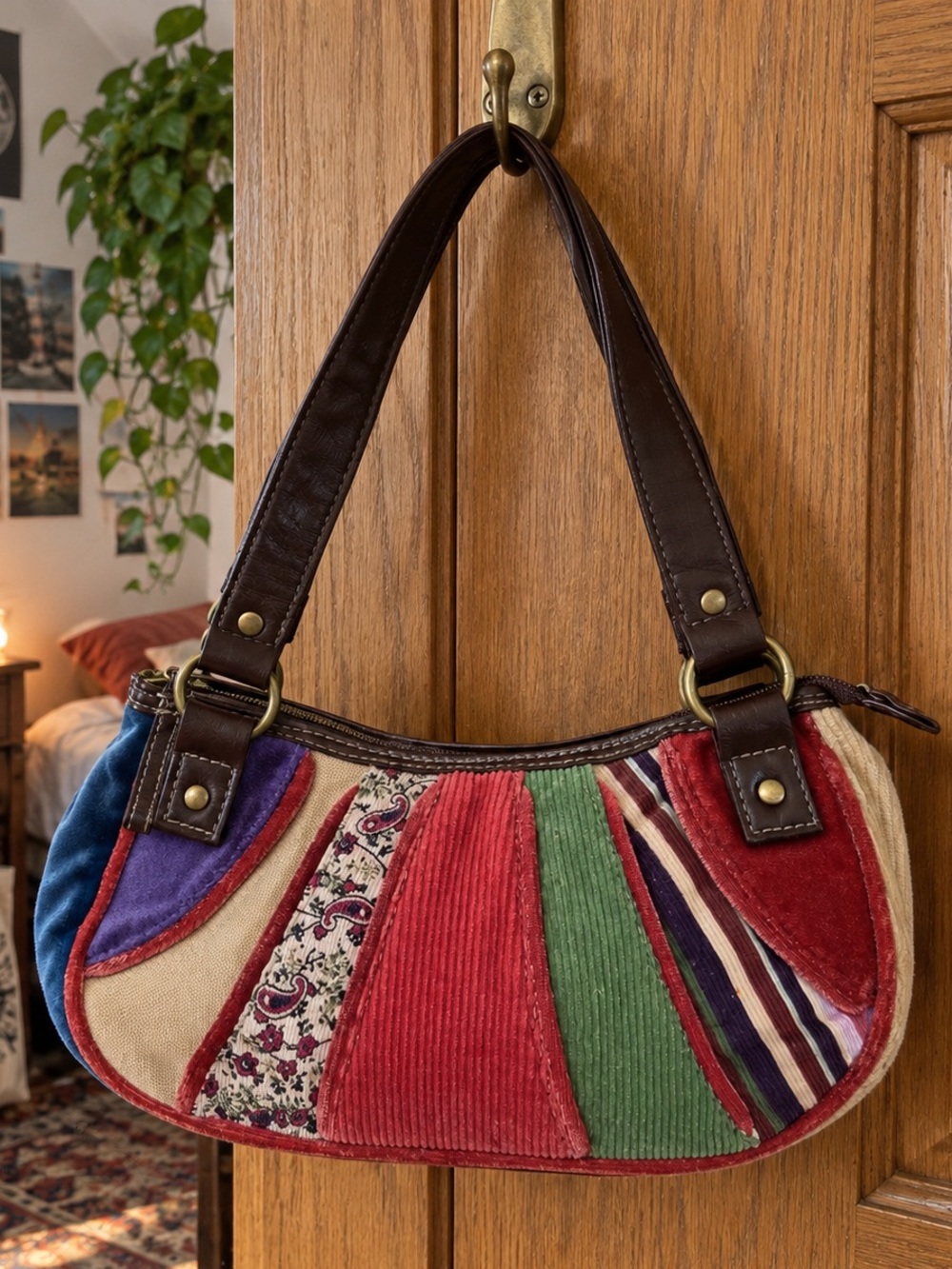 Patchwork Corduroy Shoulder Bag Boho Y2K Double Strap Multicolor